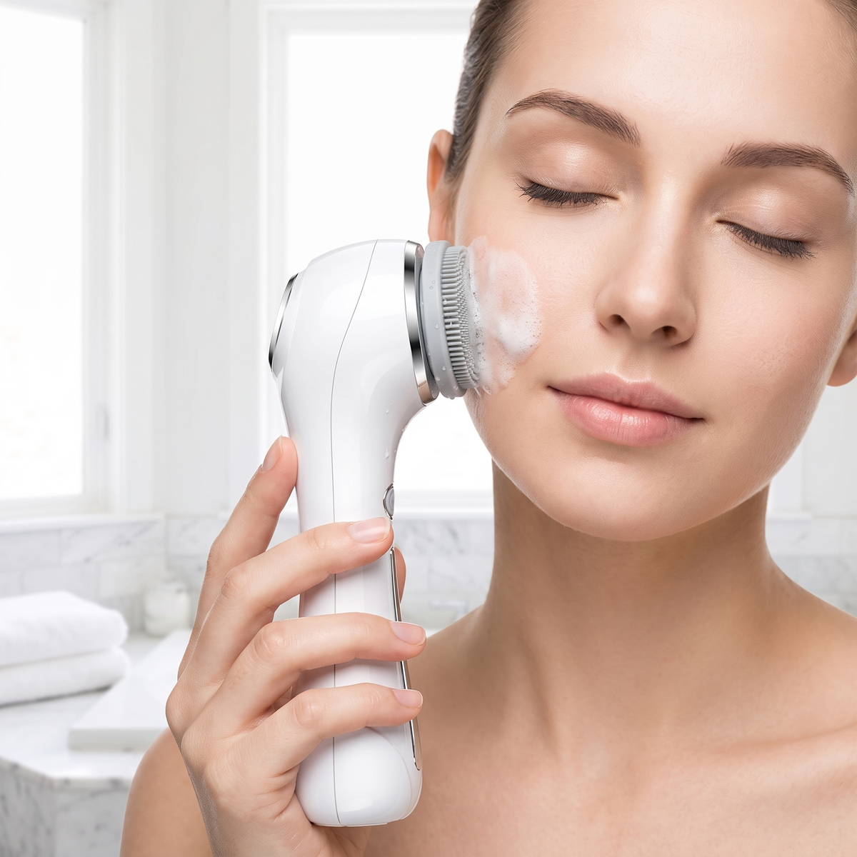 Woman cleansing her face with the Himra sonic brush