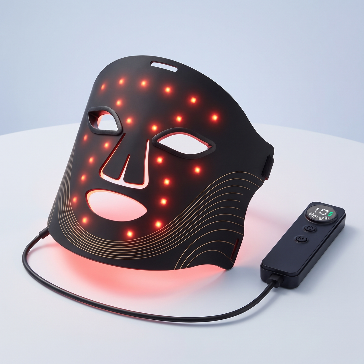 Himra LED light therapy face mask glowing red with controller