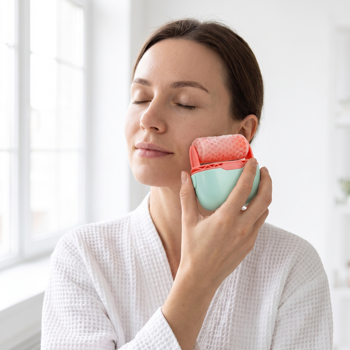 Woman using the Himra ice roller in the morning