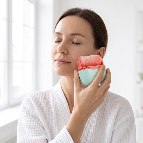 Woman using the Himra ice roller in the morning