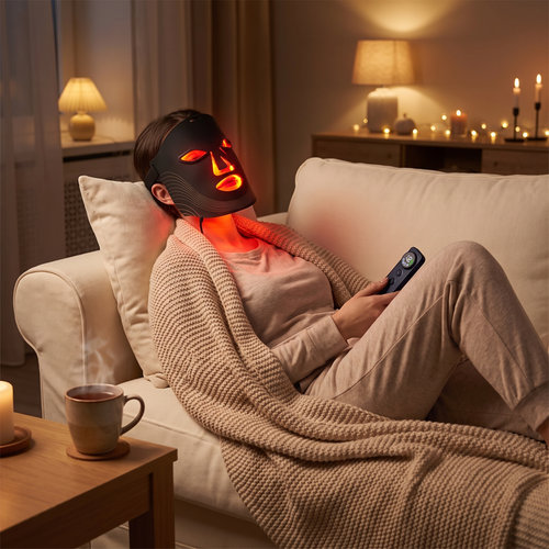 Woman relaxing on the sofa wearing the Himra LED face mask