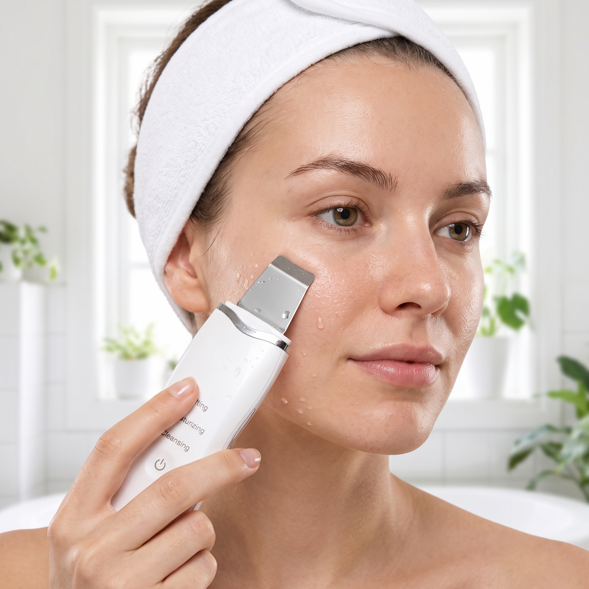 Woman using the Himra ultrasonic skin scrubber on her cheek