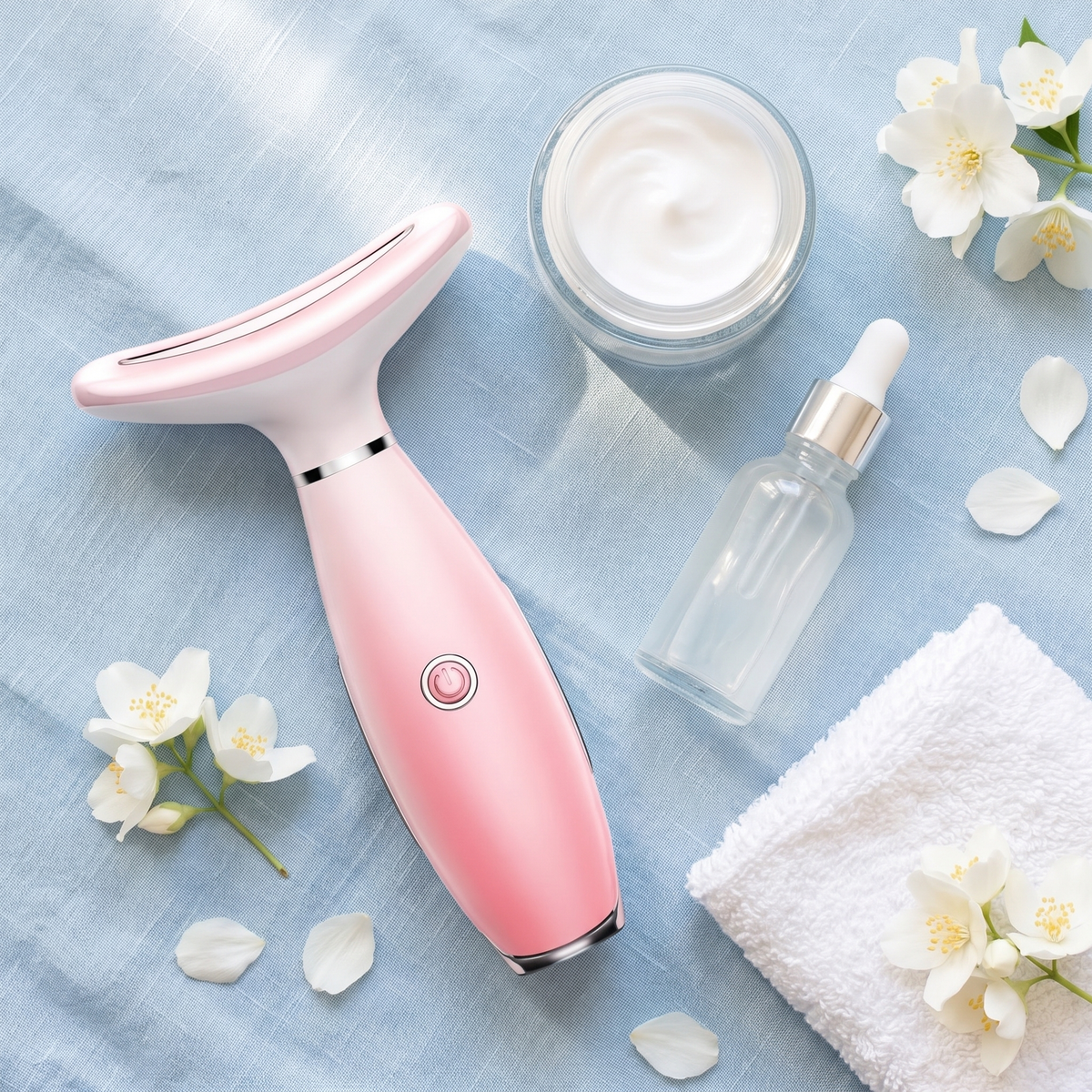 Himra neck and face massager flat lay with cream and serum