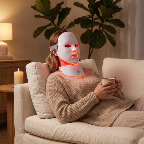 Woman relaxing on the sofa wearing the Himra LED face and neck mask