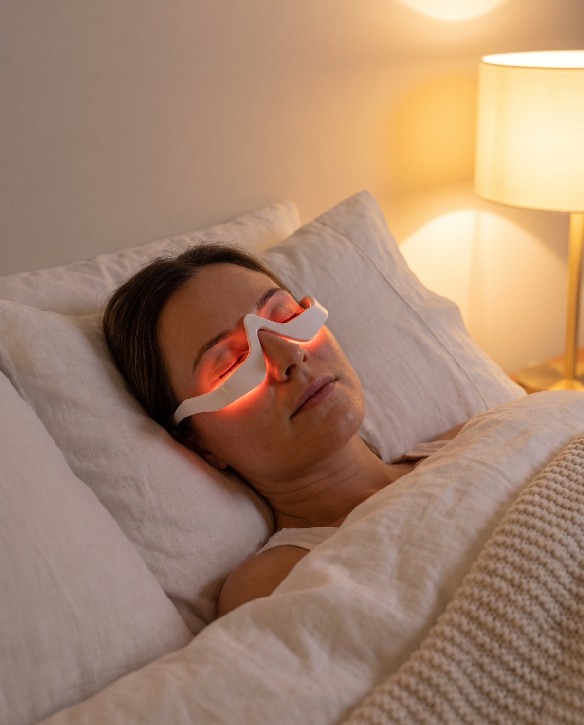 Woman relaxing in bed wearing Himra red light eye glasses