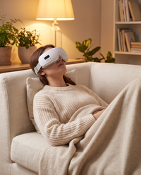 Woman relaxing on the sofa wearing the Himra heated eye massager