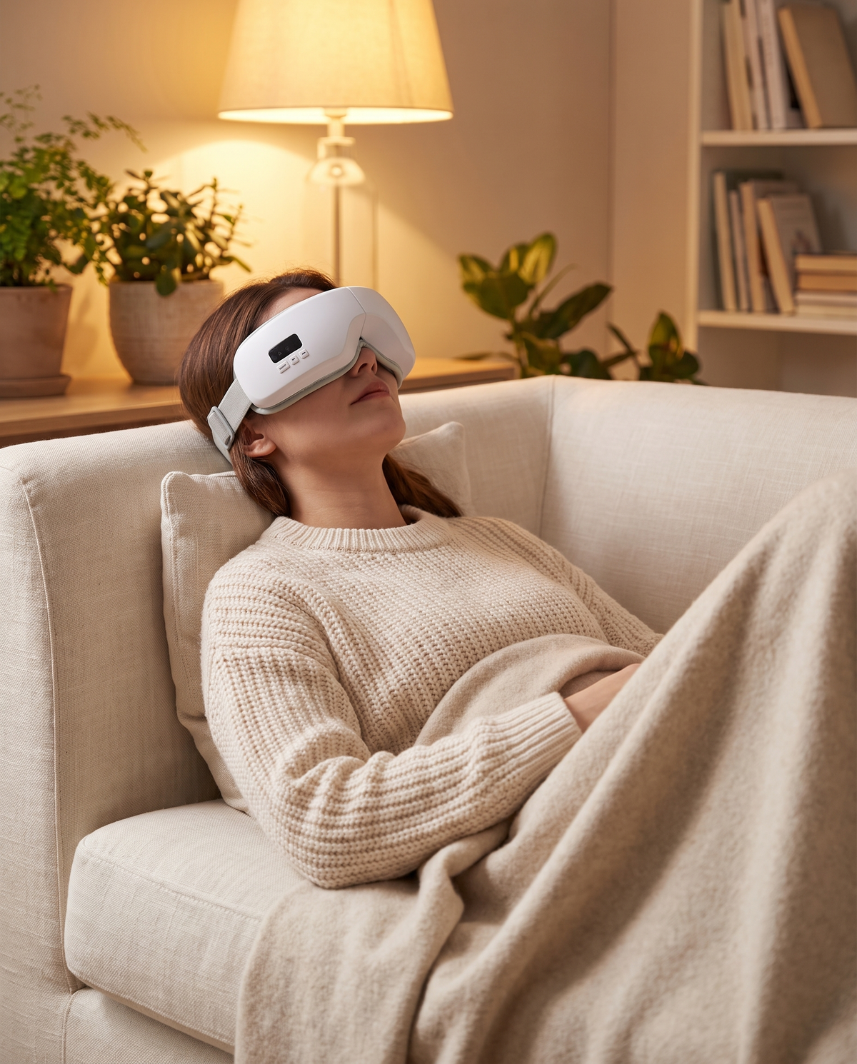 Woman relaxing on the sofa wearing the Himra heated eye massager