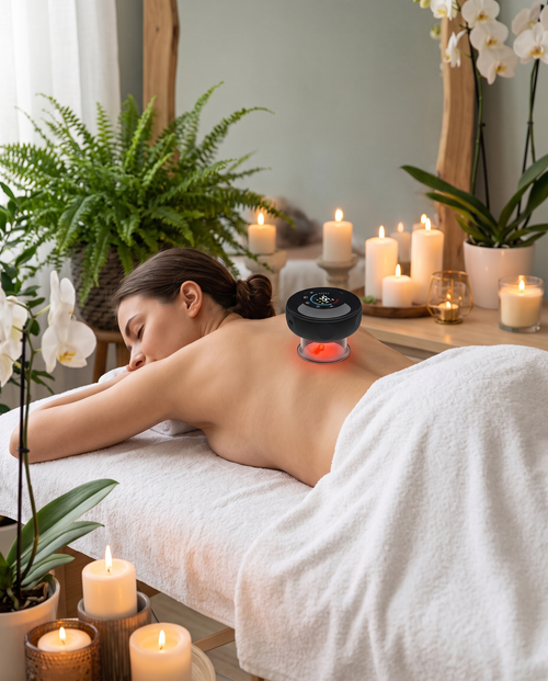 Himra cupping massager on a woman’s back during a spa-style massage
