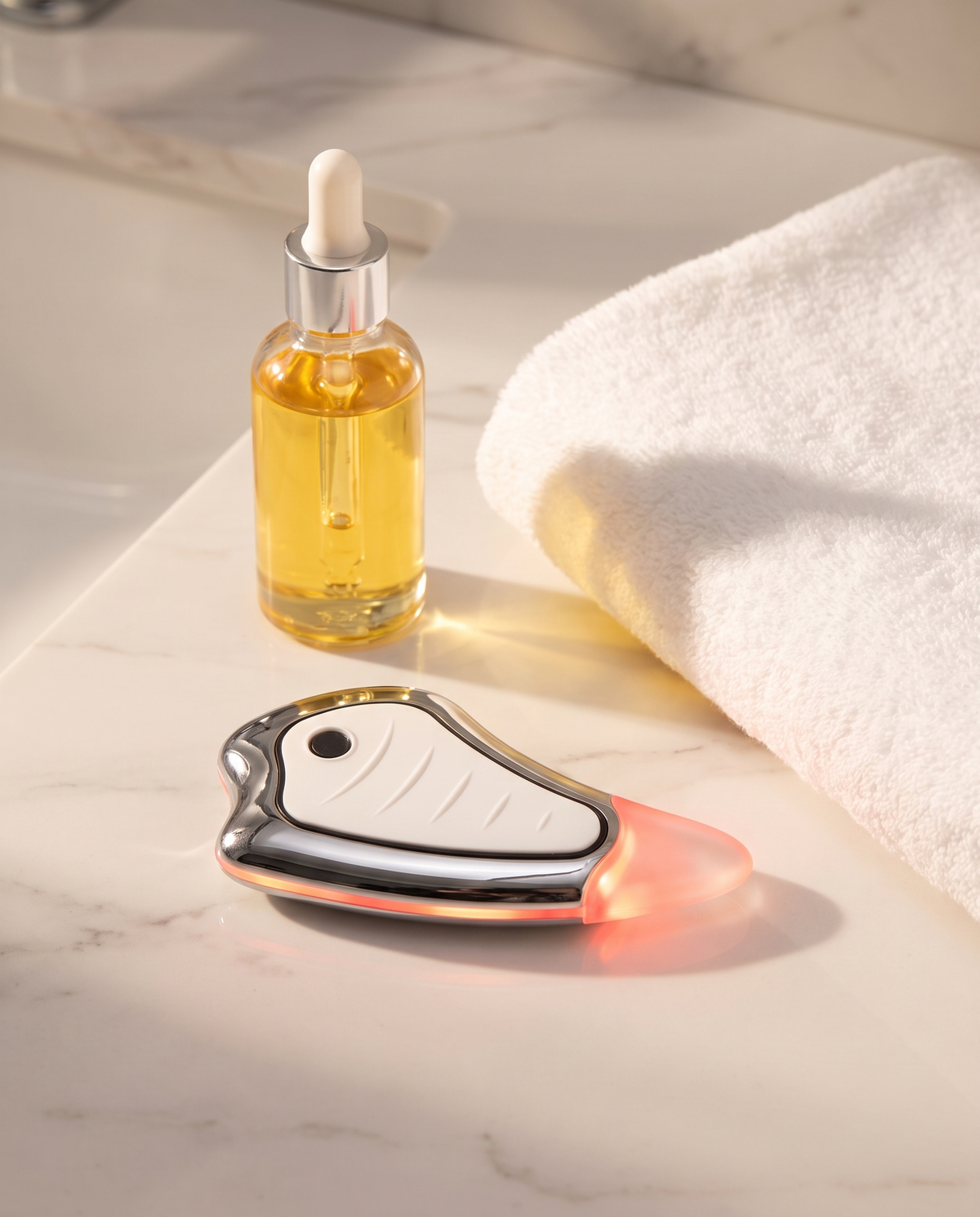 Himra heated gua sha glowing red next to a facial oil