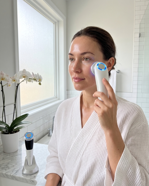 Woman using the Himra hot and cold face wand under her eye