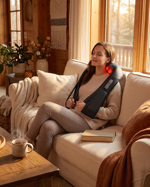 Woman relaxing on the sofa with the Himra shiatsu massager on her shoulders