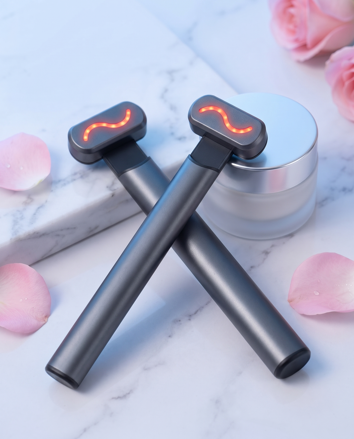 Two Himra warm eye wands with red light on a marble vanity