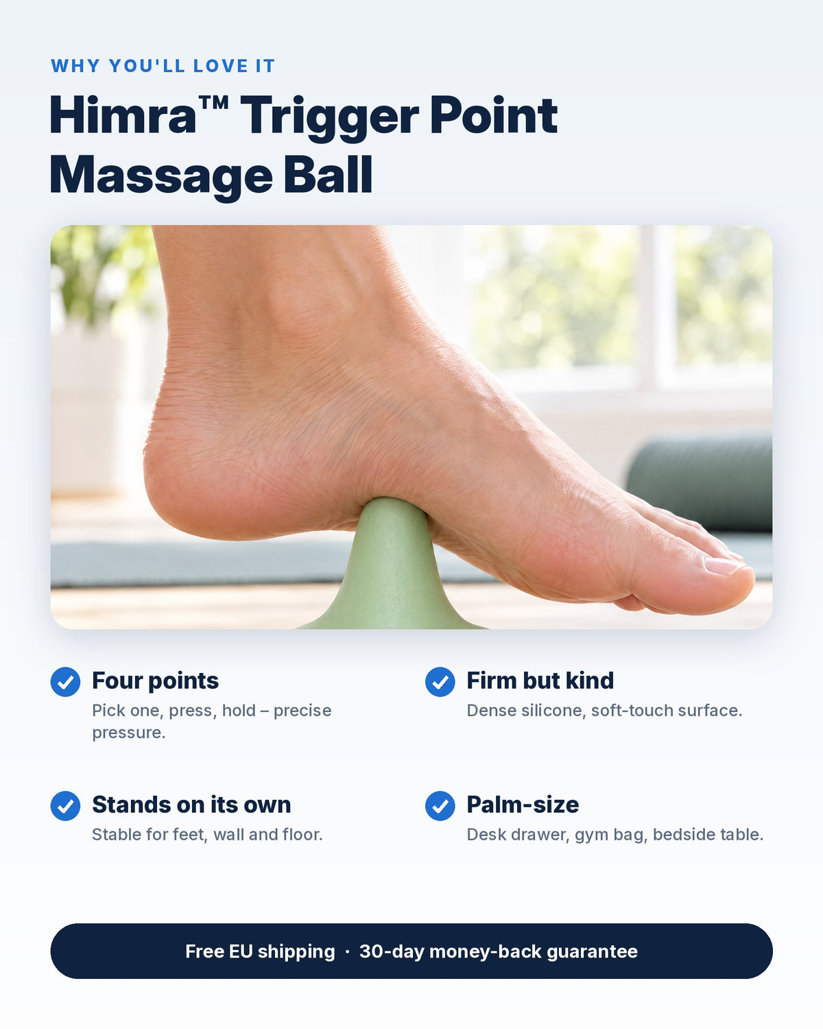 Himra Trigger Point Massage Ball features: four points, firm but kind, stands on its own, palm-size