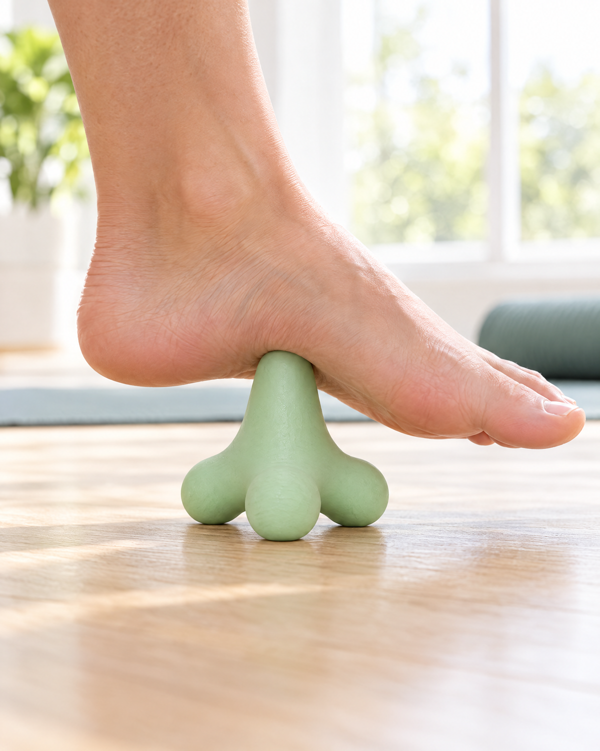 Foot pressing on the Himra massage ball on the floor