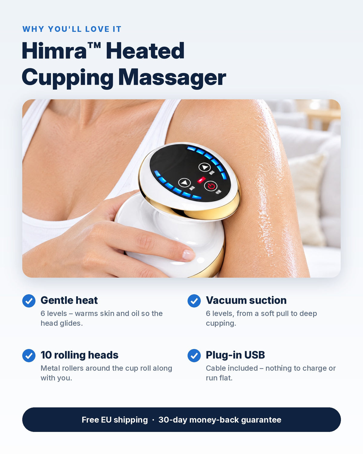 Himra Heated Cupping Massager features: gentle heat, vacuum suction, 10 rolling heads, plug-in USB