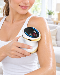Woman using the Himra cupping massager on her upper arm