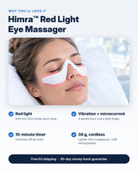 Himra Red Light Eye Massager features: red light, vibration and microcurrent, 10-minute timer, 38 g cordless
