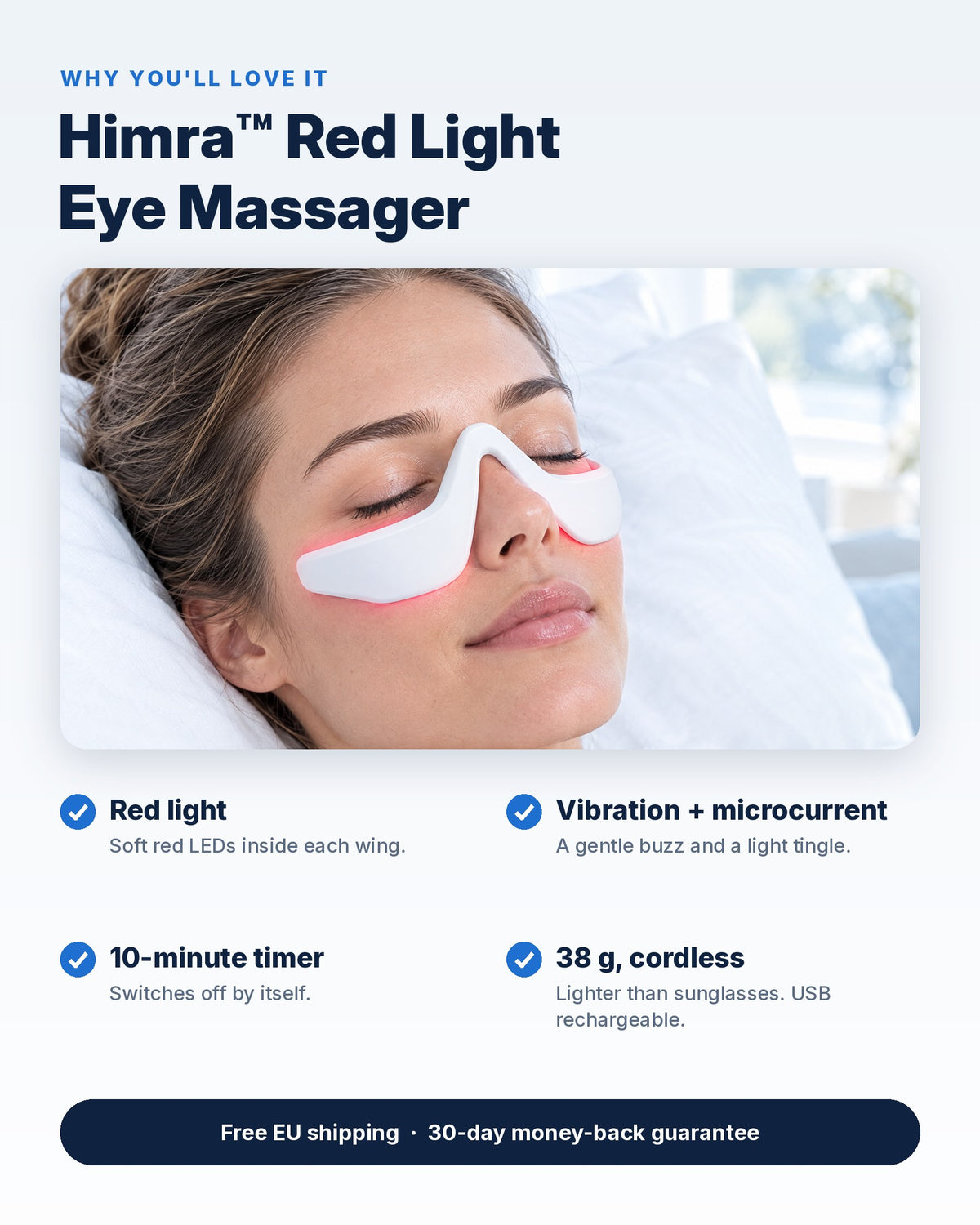 Himra Red Light Eye Massager features: red light, vibration and microcurrent, 10-minute timer, 38 g cordless
