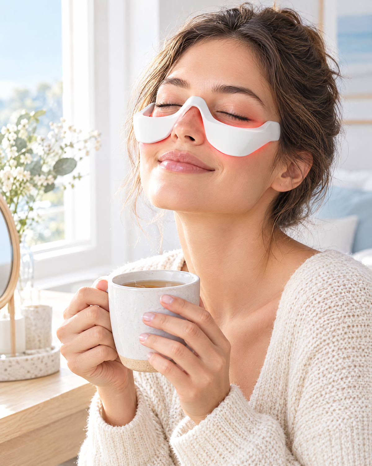 Woman with a mug of tea wearing the Himra eye massager
