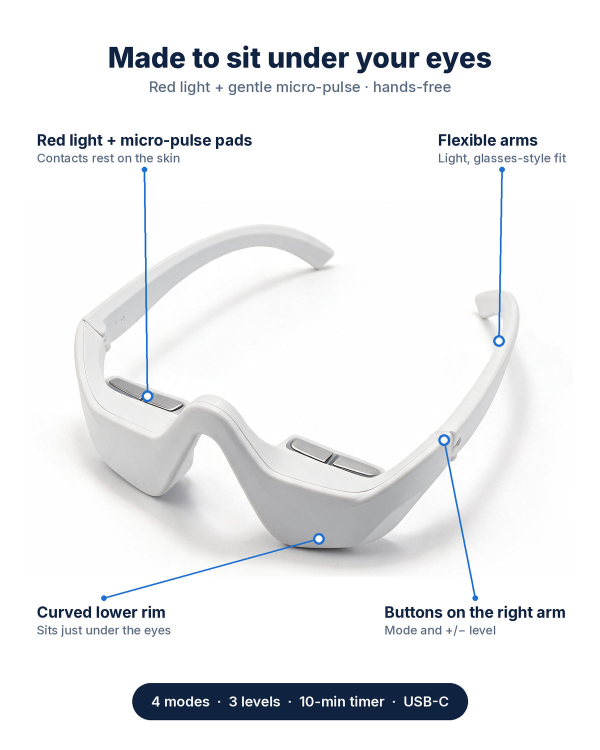 Himra red light eye glasses – pads, flexible arms, curved lower rim and buttons