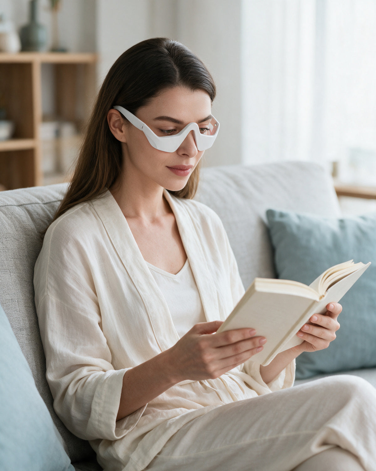 Woman reading on the sofa while wearing Himra red light eye glasses