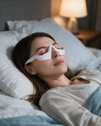 Woman relaxing in bed in the evening wearing Himra red light eye glasses
