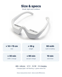 Size and specs – about 14 × 15 cm, 38 g, 90 mAh battery, 10-minute timer