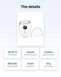 The details: 39–44 °C, 5 levels, 800 mAh battery, 87 g