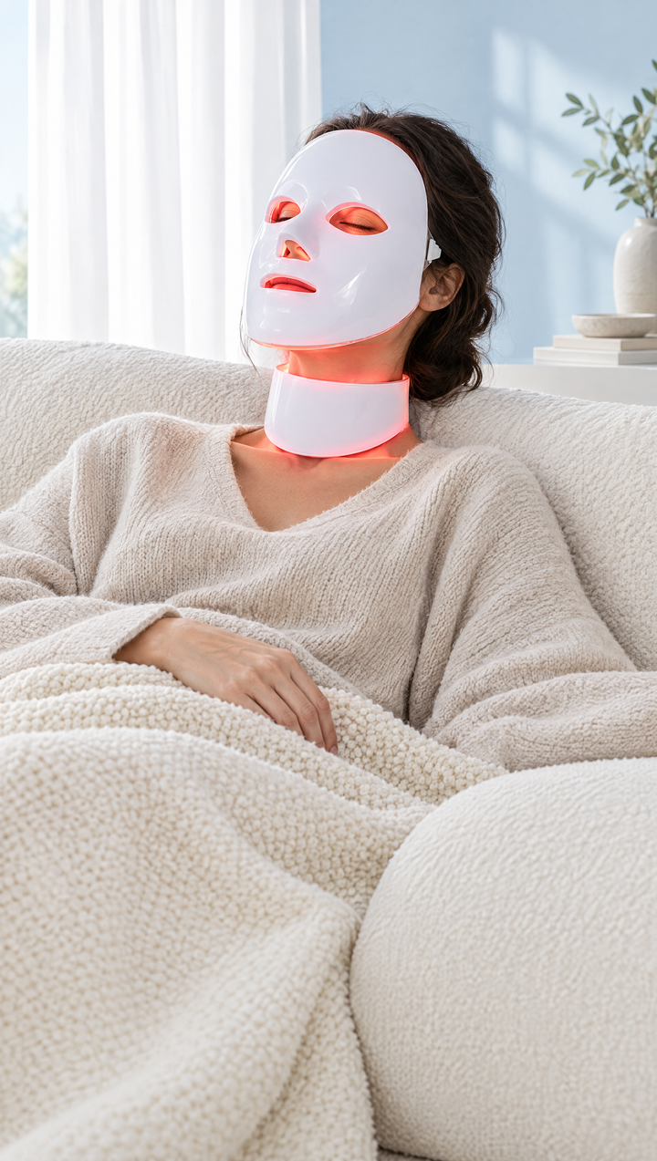 Woman relaxing on a sofa wearing the Himra LED face and neck mask, glowing red