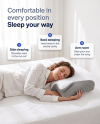 Woman sleeping on her side on the Himra contour pillow – side sleeping, back sleeping, arm room