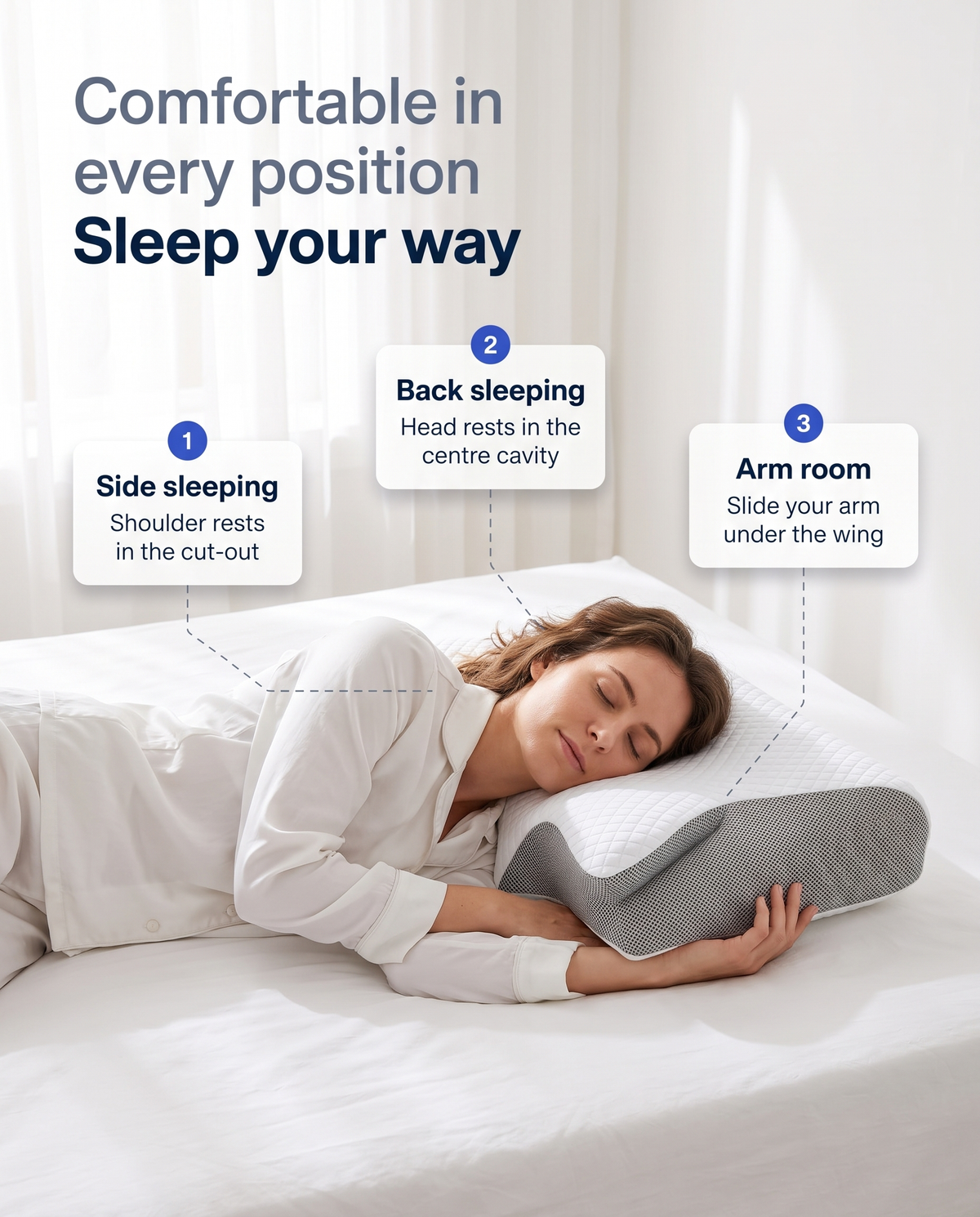 Woman sleeping on her side on the Himra contour pillow – side sleeping, back sleeping, arm room