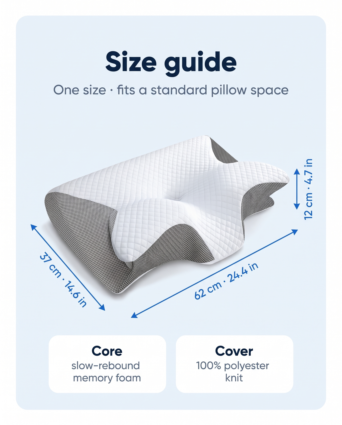 Size guide: about 62 x 37 x 12 cm, memory foam core, polyester knit cover