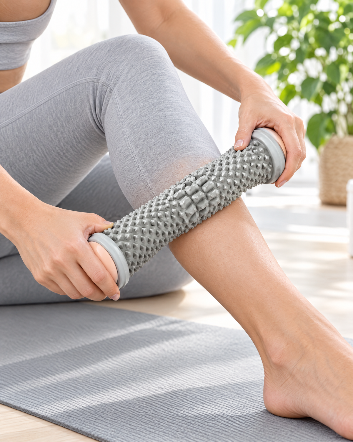 Woman rolling the Himra foot roller along her calf