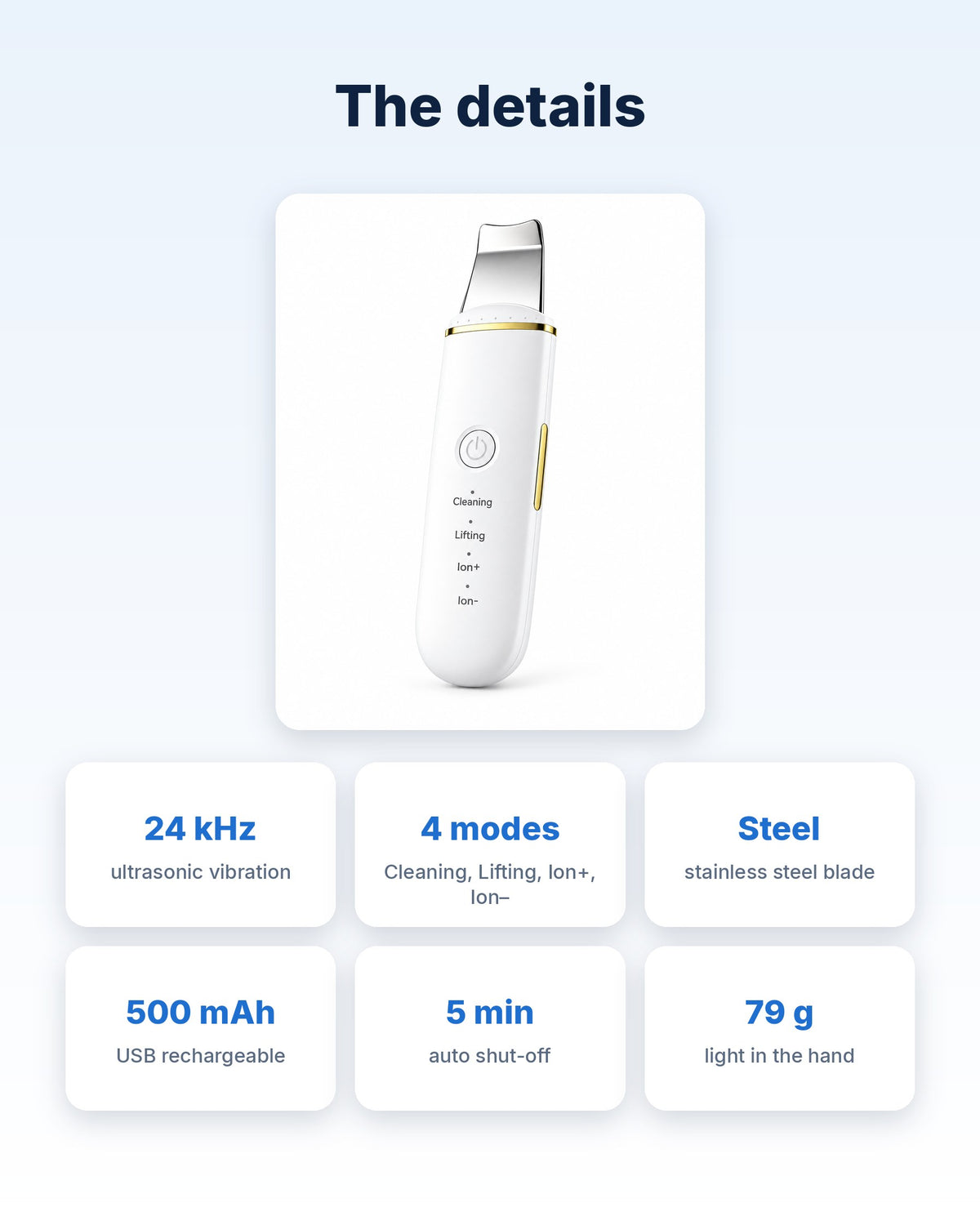 The details: 24 kHz, 4 modes, stainless steel blade, 500 mAh